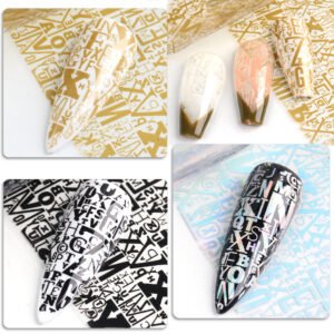 10pcs English Cursive Pen Writing Nail Foils Black Laser Fancy